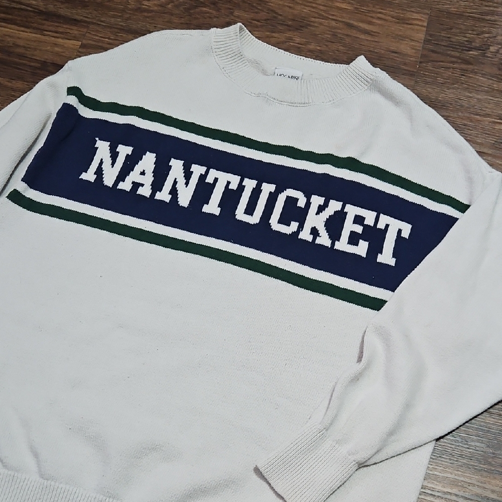 Nantucket Crewneck Sweater - White with Navy & Green Stripe